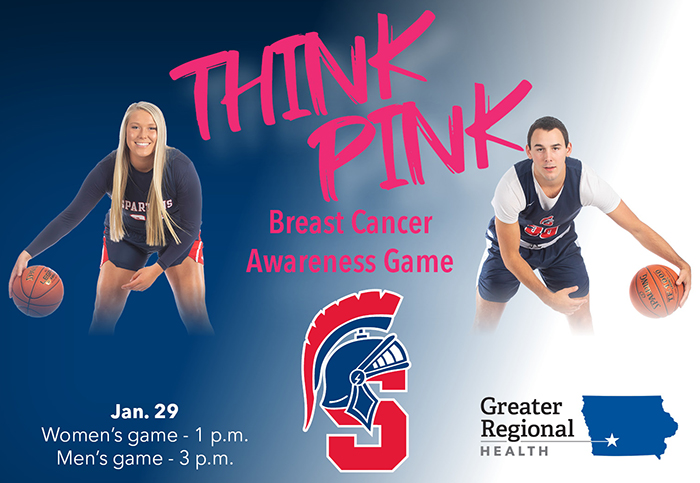 Think Pink graphic featuring two Spartan players and game times (women's game at 1 p.m. and men's game at 3 p.m.)