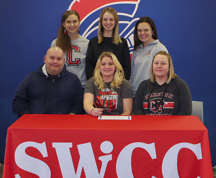 Front row (L to R): Ted Copeland, Hannah Housh, and Cori Copeland. Back row: Trish Sevier, Creston High School cheer coach; Paige Busch, SWCC dance coach; and Maddie Travis, Creston High School cheer coach.