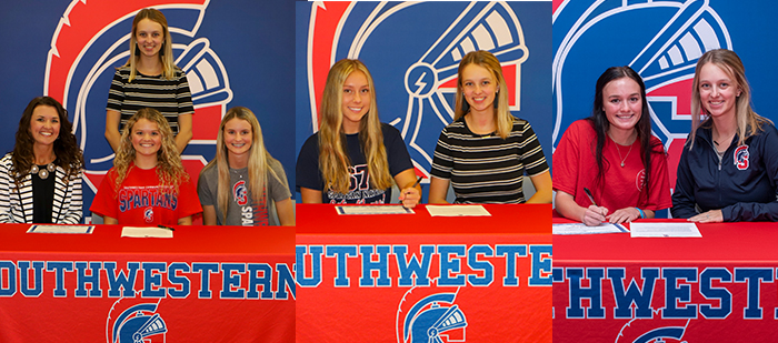 Morgan Evans with her mom, sister, and coach; Anne James with Paige Busch; and Dakotah Wildin with Paige Busch