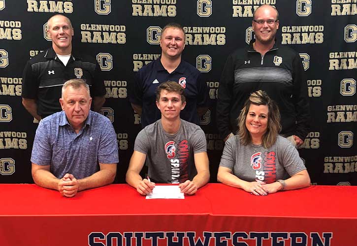 Pictured (from left to right) – Sitting: Jeff Book, Colton’s father; Colton Book; and Cindy Book, Colton’s mother. Standing: Marty Stavas, Glenwood golf coach; Doug North, Southwestern head golf coach; and Michael Joyner, Glenwood golf coach.