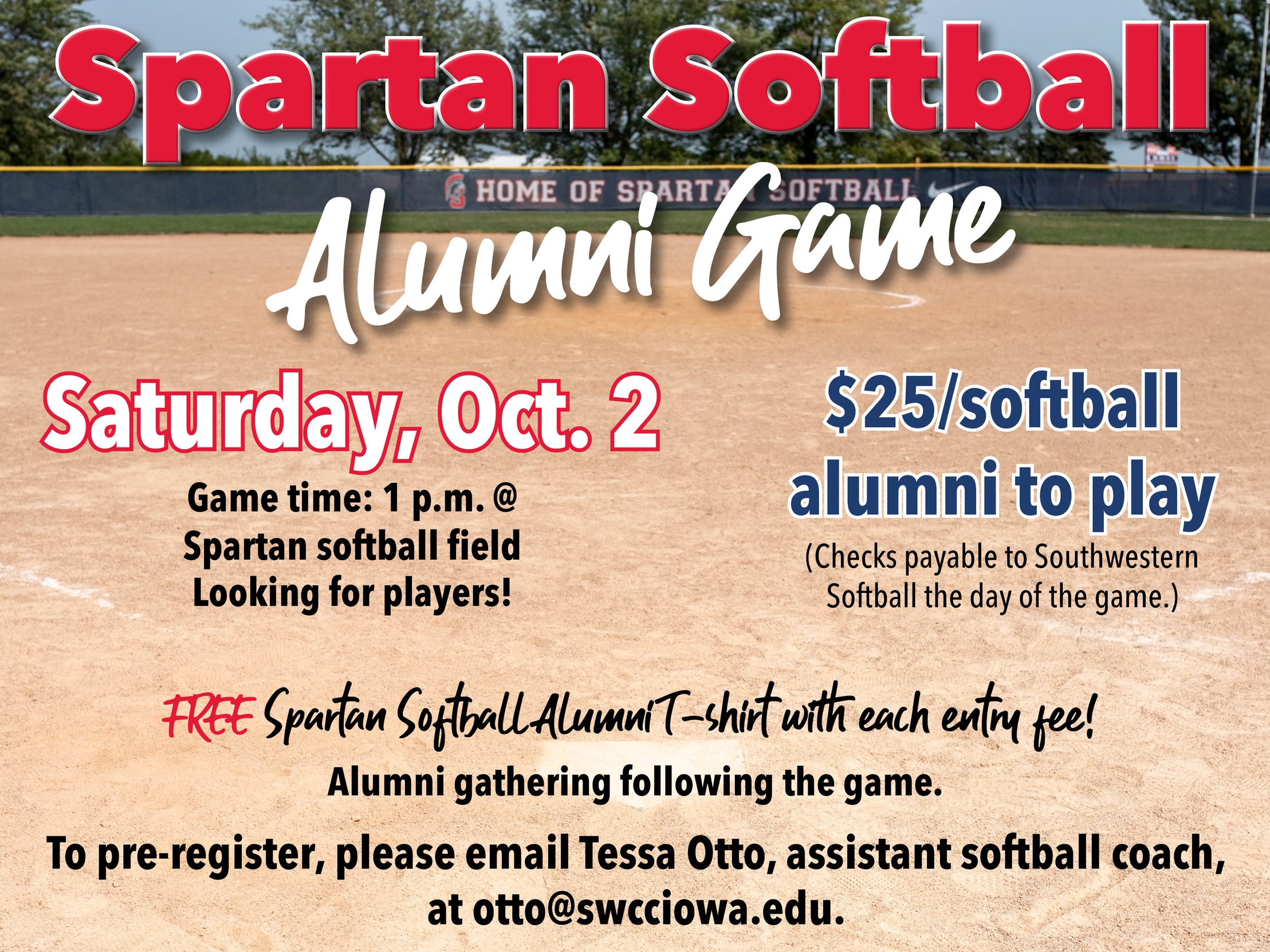 Spartan Softball Alumni Game information with photo of softball field in the background