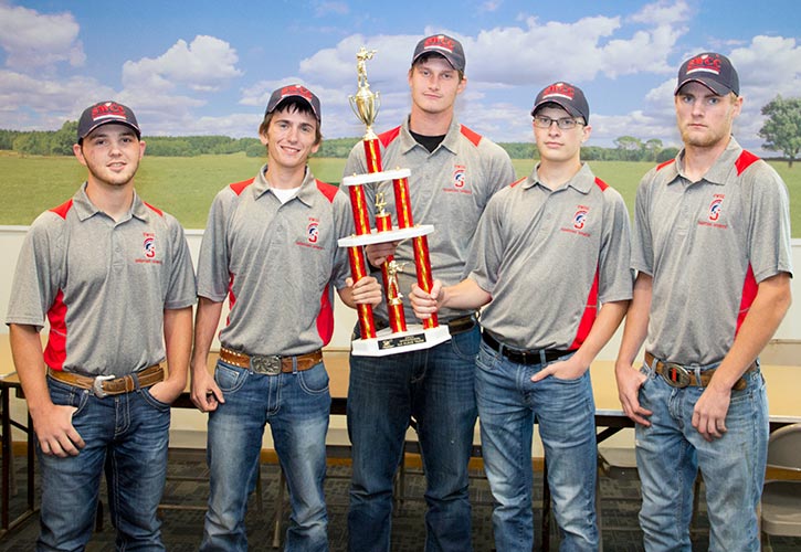 Top shooter for the Spartans holding their third-place trophy (L to R): Dillon Glenn, Hunter Albers, Tom Steinbach, Blake Binns, and Cole Harder.
