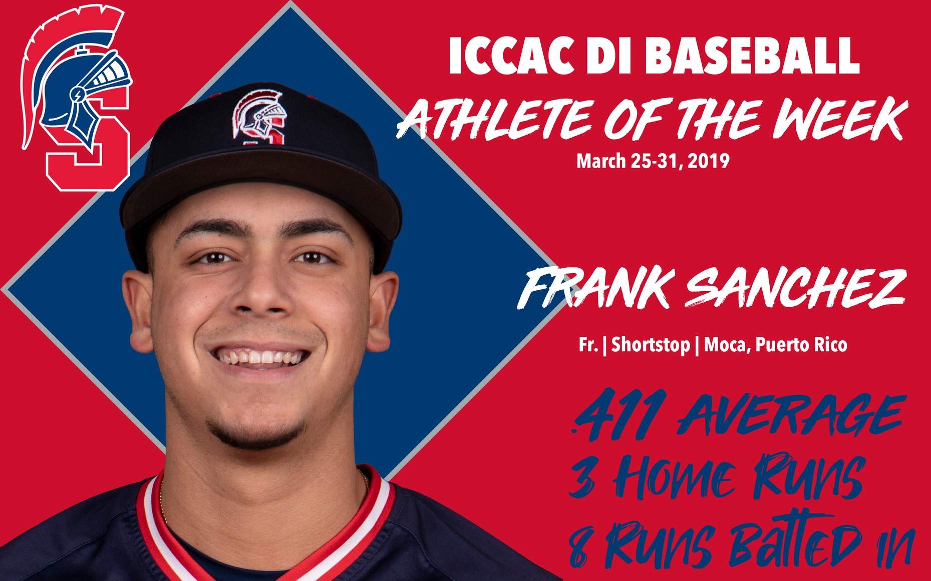 Southwestern freshman Frank Sanchez was named the ICCAC DI Baseball Athlete of the Week.