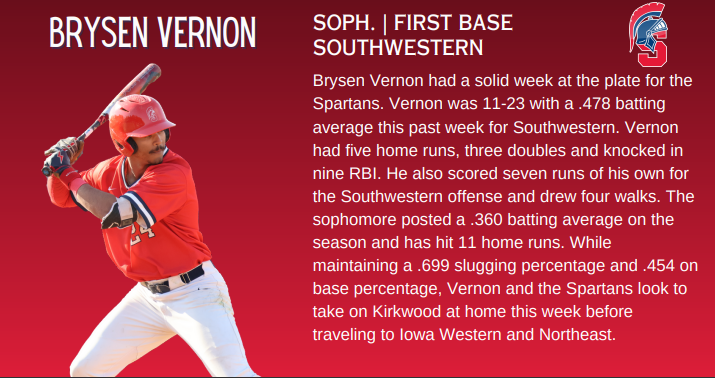 VERNON EARNS ATHLETE OF THE WEEK