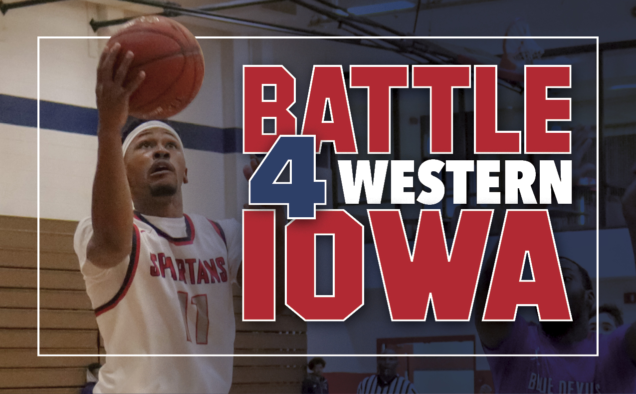Battle 4 Western Iowa with photo of Spartan player shooting layup