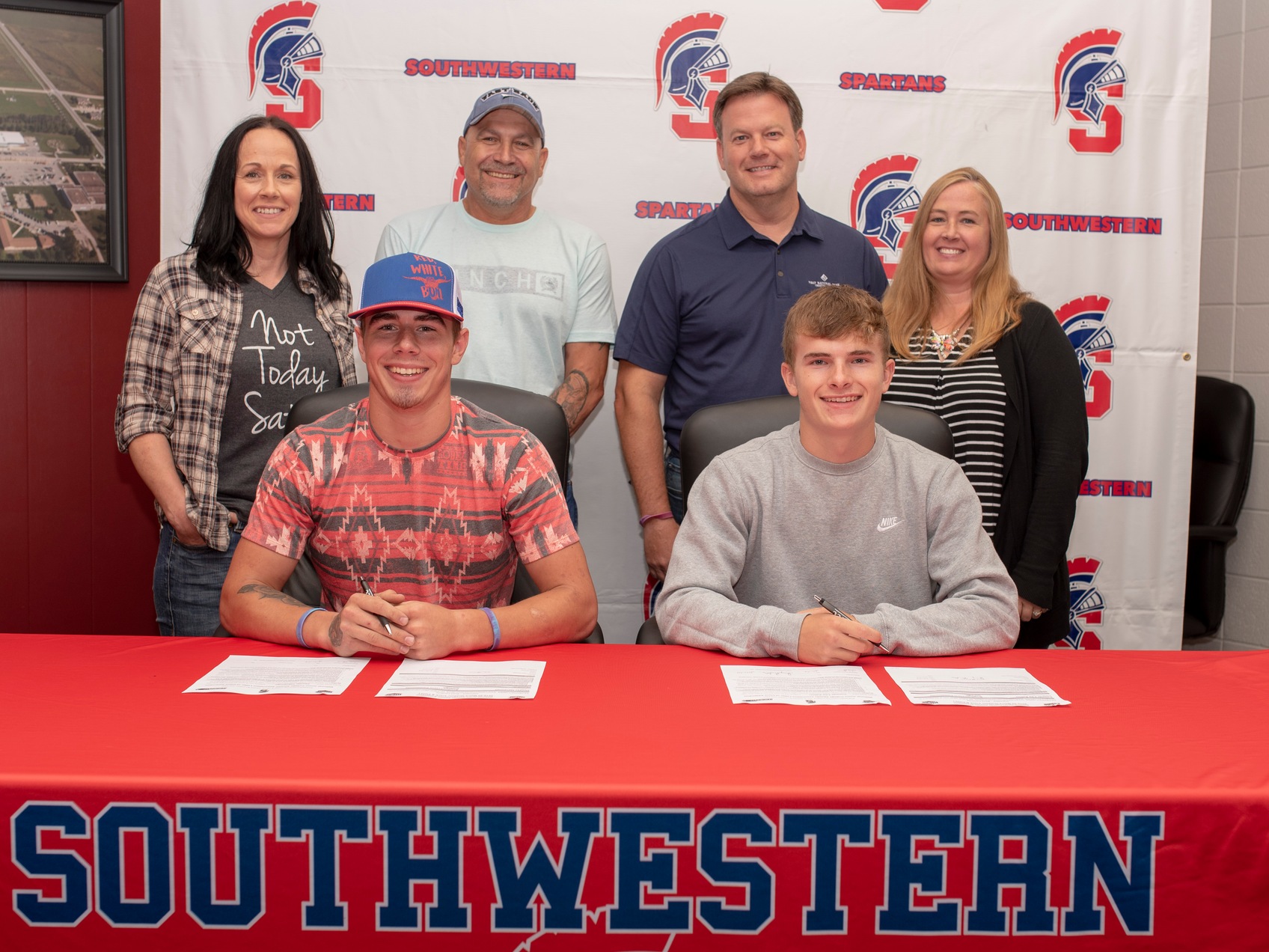 Recent Mount Ayr graduates Hunter Haveman and Connor Eaton sign their National Letters of Intent to join the Southwestern track and field team for the 2019-20 season.
