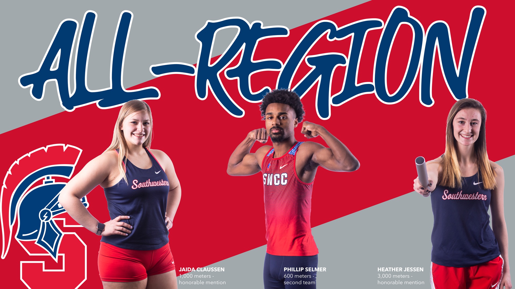 Jaida Claussen, Phillip Selmer and Heather Jessen received all-region honors in indoor track and field.