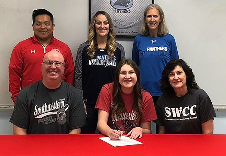 (L to R): Sitting – Brad Halterman, Brooke’s father; Brooke Halterman; and Brenda Halterman, Brooke’s mother. Standing - Casey Quiggle, Southwestern head volleyball coach; Jessica Nail, Panorama High School volleyball coach; and Joanne Sandage, Panorama High School volleyball coach.
