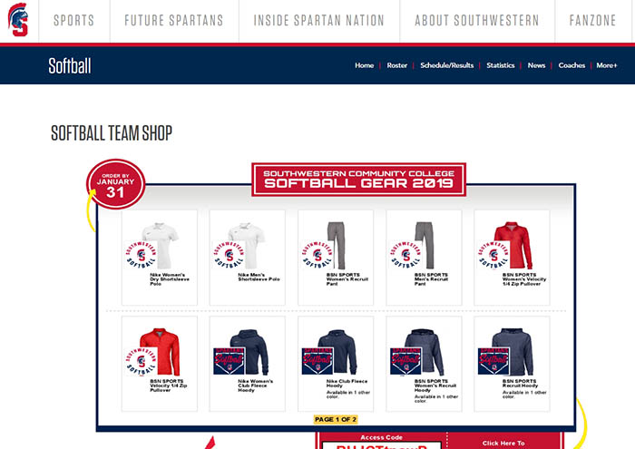 Softball Team Shop ordering page