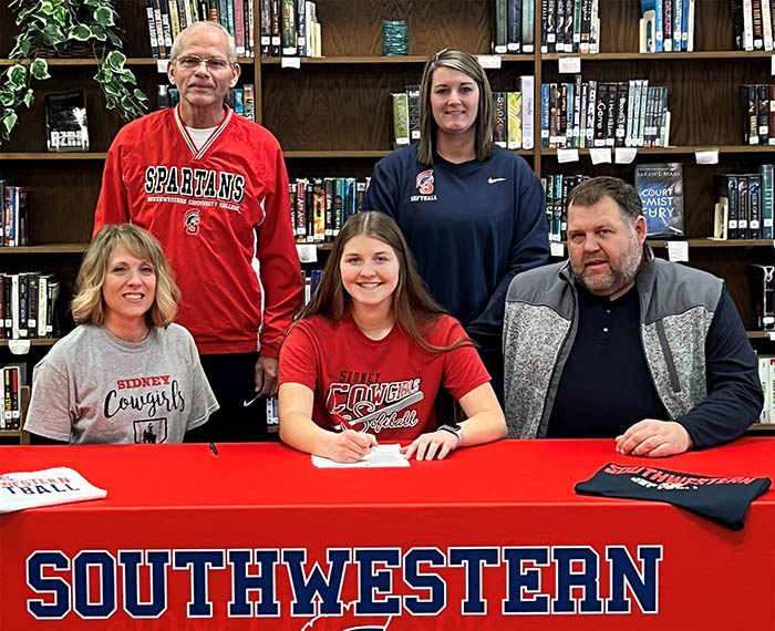 Pictured (L to R): Sitting ? Jennifer West, Sadie?s mother; Sadie Thompson; and Shawn Thompson, Sadie?s father.
Standing ? Danny Jensen, SWCC head softball coach, and Tessa Otto, SWCC assistant softball coach.
