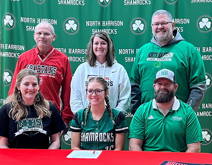 Pictured - Sitting (L to R) ? Nicole Long, Jayliegh?s mother; Jayliegh Robins; and Aaron Long, Jayliegh?s father. Standing ? Danny Jensen, SWCC head softball coach; Tessa Otto, SWCC assistant softball coach; and Brandon Craig, North Harrison High School softball coach.