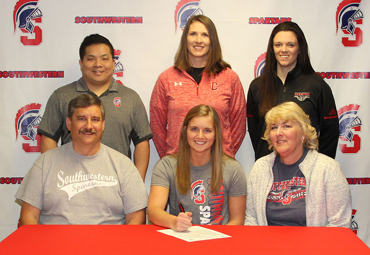 Pictured (L to R): Sitting – Steve Maitlen, Cayla’s father; Cayla Maitlen; and Sue Maitlen, Cayla’s mother. Standing - Casey Quiggle, Southwestern head volleyball coach; Naomi Sharp, Creston High School volleyball coach; and Mallory Peterson, Creston High School volleyball coach.