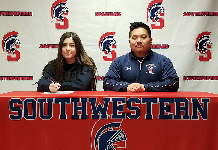 PHOTO CUTLINE (L to R): Olivia Frederick and Casey Quiggle, Southwestern Community College head volleyball coach.