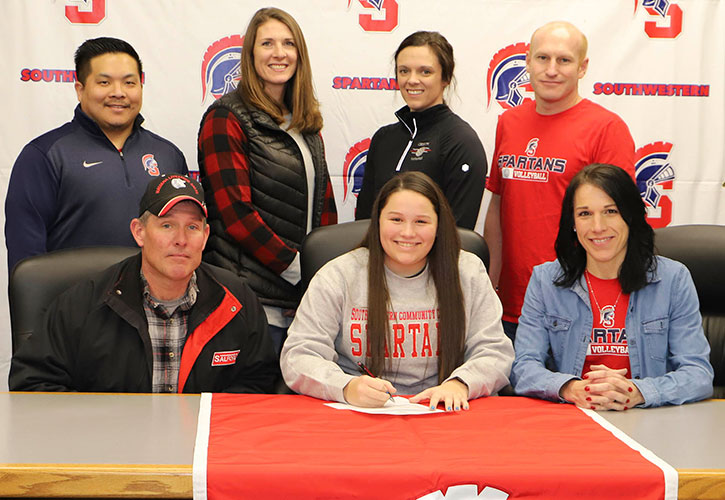 In Photo (L to R): Sitting –TJ Ross, Breanna’s father; Breanna Ross, and Julie Schultz, Breanna’s mother. Standing – Casey Quiggle, Southwestern head volleyball coach; Naomi Sharp, Creston High School volleyball coach; Mallory Peterson, Creston High School volleyball coach; and Matt Schultz, Breanna’s stepfather.