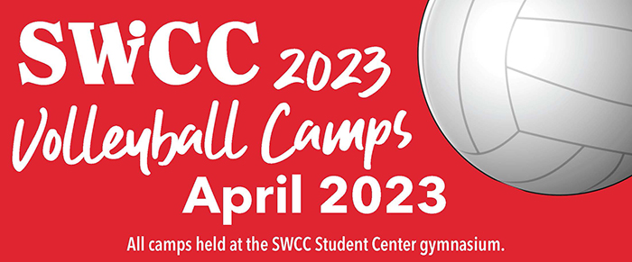 Graphic stating SWCC 2023 Volleyball Camps - April 2023. All camps held at the SWCC Student Center gymnasium